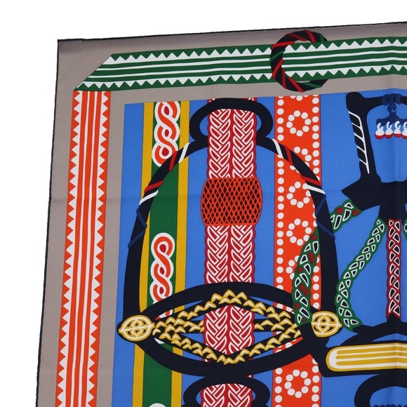 HERMES Carre 90 Fantaisie d�fEtriers Scarf Silk Blue Multicolor Auth 60781 - Picture 2 of 16